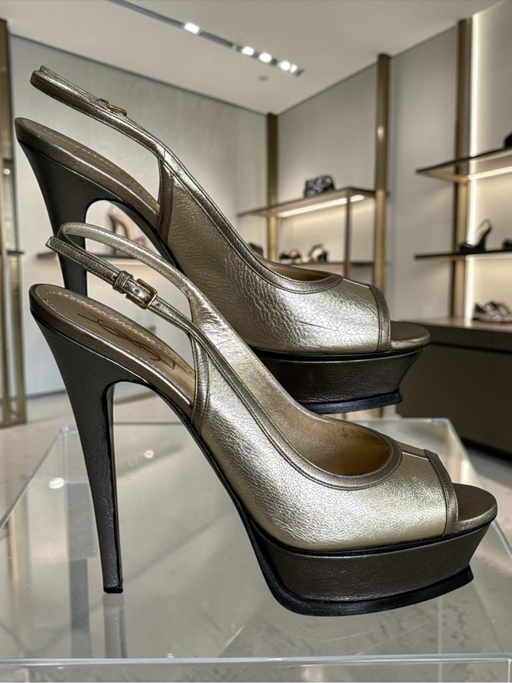Yves Saint Laurent Gold Metallic Peep-Toe Slingback Platform Heels! Size 9.5 /40